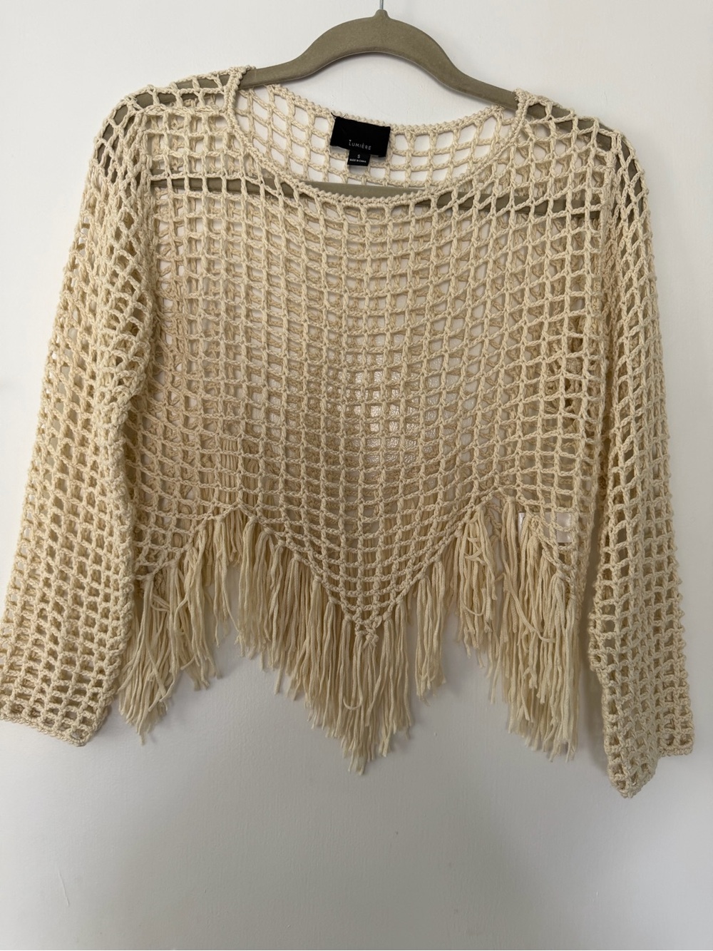 Lumiere Crochet Fringe Knit bathing suit cover up top resort wear women size S